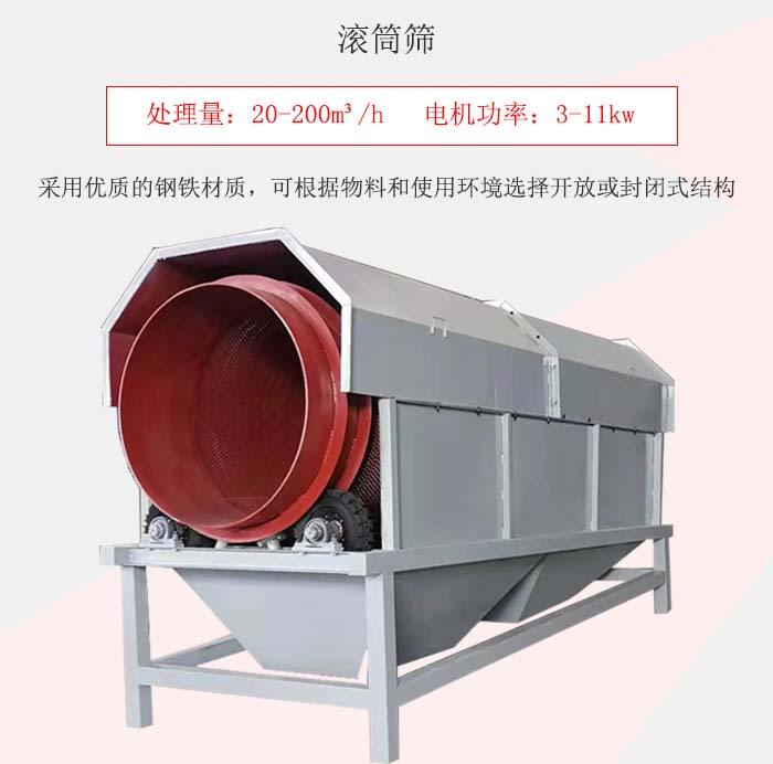 滾筒篩采用優(yōu)質的鋼鐵材質，可根據物料和使用環(huán)境選擇開放或封閉式結構