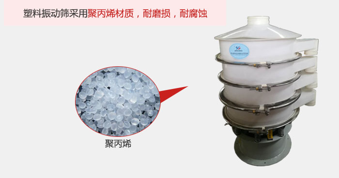 塑料振動篩主要采用塑料材質(zhì)，多用與有一定腐蝕性和與金屬有一定反應的物料使用。