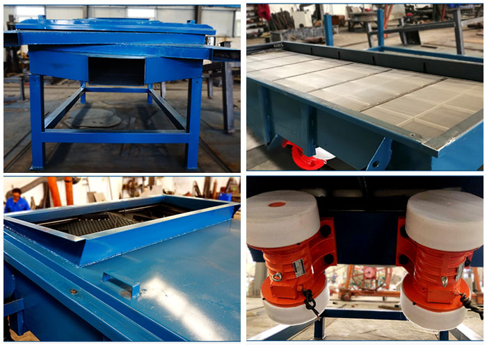 方形振動篩出料口，篩網(wǎng)和網(wǎng)架，進料口，振動電機等細節(jié)展示。