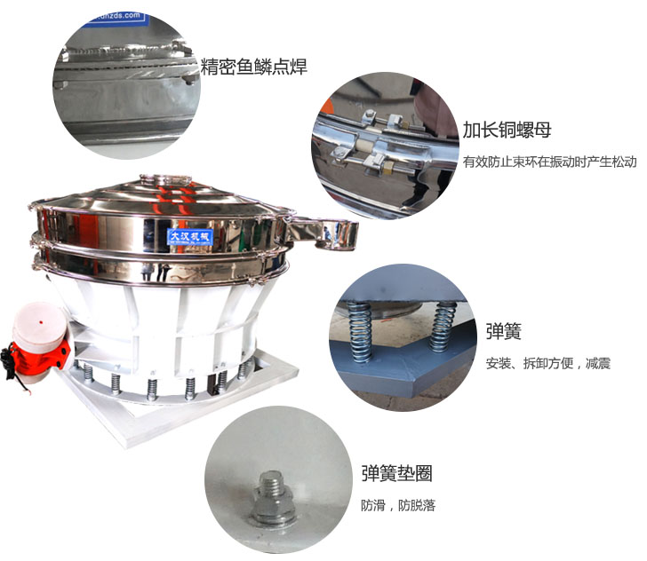 1500直排篩細(xì)節(jié)展示：彈簧，彈簧墊圈，加長銅螺母。