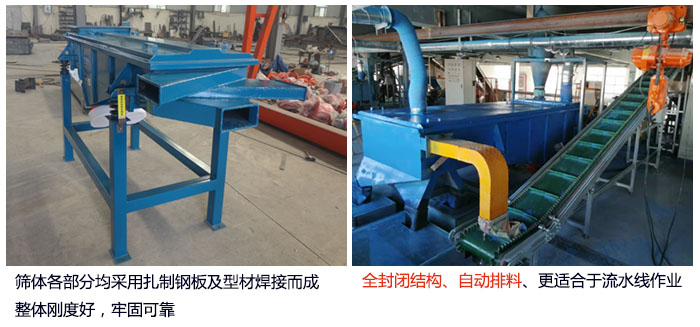 直線篩分機(jī)篩體各部分均采用扎制鋼板及型材焊接而成整體剛度好，牢固可靠；全封閉結(jié)構(gòu)、自動(dòng)排料、更適合于流水線作業(yè)。