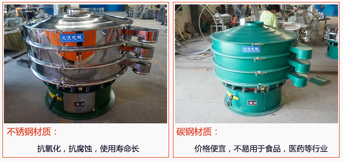 800型振動(dòng)篩有不銹鋼和碳鋼兩種材質(zhì)，不銹鋼材質(zhì)：抗氧化，抗腐蝕，使用壽命長(zhǎng) 碳鋼材質(zhì)：價(jià)格便宜，不易篩分食品，化工，醫(yī)藥等行業(yè)的物料。