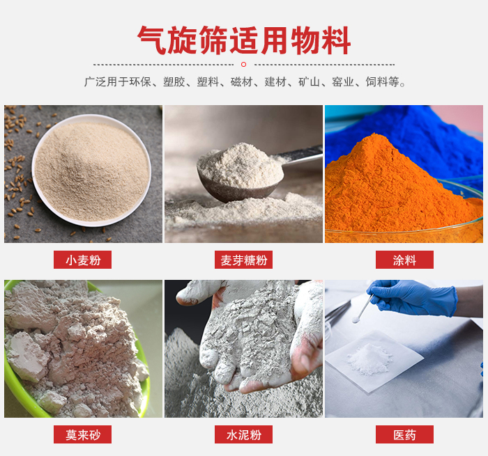 氣旋篩適用物料：小麥粉，麥芽糖粉，涂料，等粉狀物料。