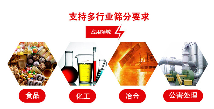旋振篩適用的行業(yè)：食品行業(yè)，化工行業(yè)，冶金行業(yè)，公害處理等。